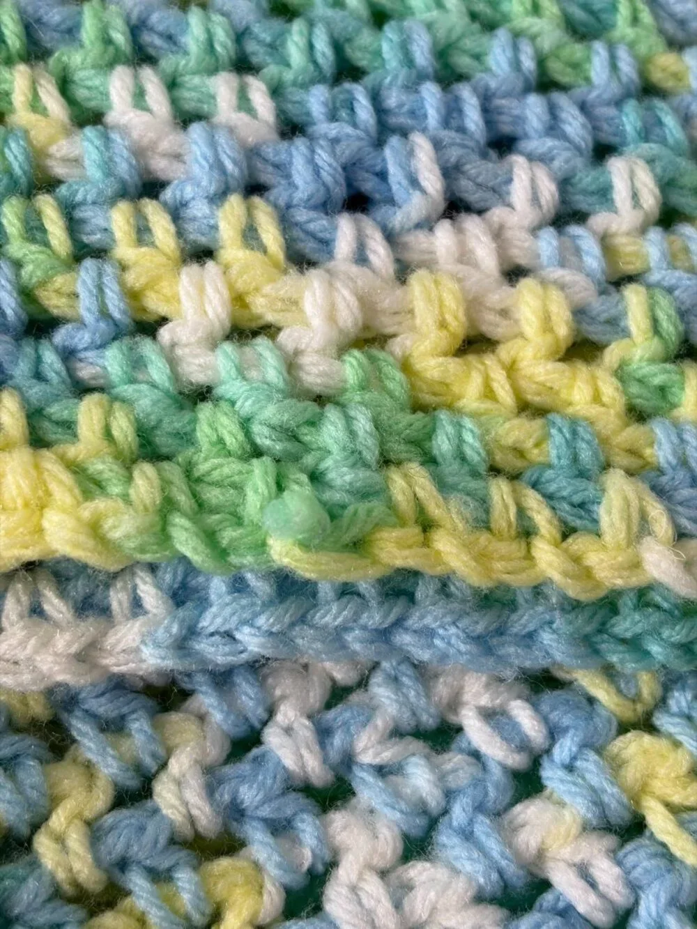 Handmade Crochet Baby Blanket Blue Green Yellow White Grandmacore Nursery Throw